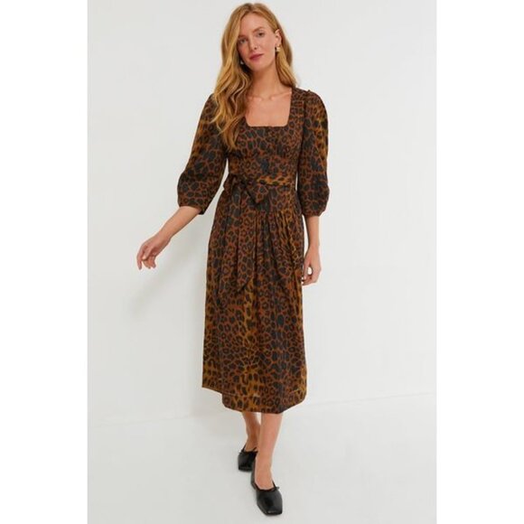 Tuckernuck NEW Leopard Graciela Puff Sleeve Square Neck Midi Dress Size 4